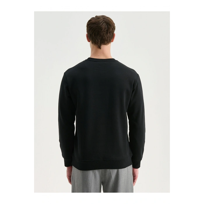 Siyah Bisiklet Yaka Baskılı Erkek Sweatshirt