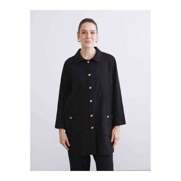 Siyah Gömlek Yaka Desenli Kadın Hırka