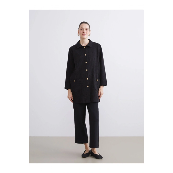 Siyah Gömlek Yaka Desenli Kadın Hırka