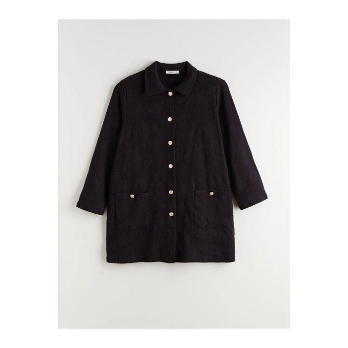 Siyah Gömlek Yaka Desenli Kadın Hırka