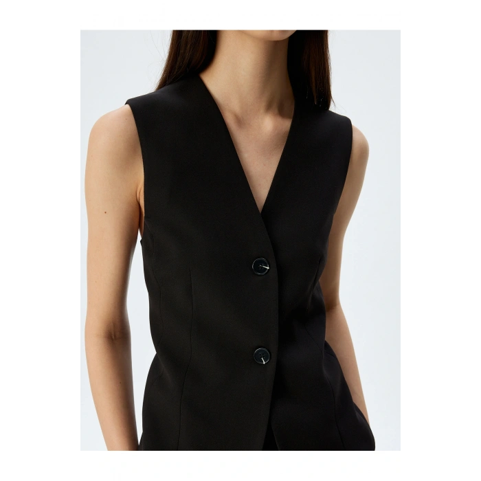 Slim Fit Düğmeli V Yaka Uzun Blazer Yelek