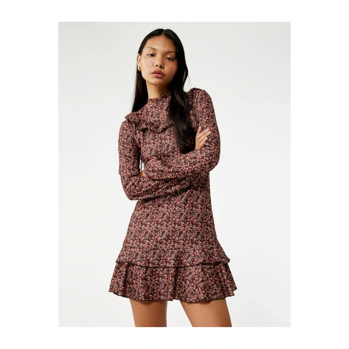 Slim Fit Fırfırlı Uzun Kollu Bisiklet Yaka Çiçekli Mini Elbise