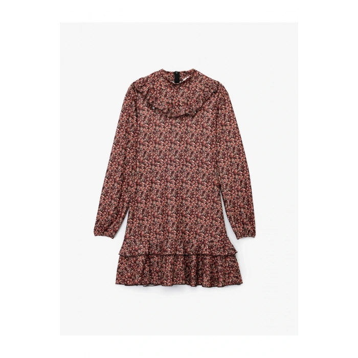 Slim Fit Fırfırlı Uzun Kollu Bisiklet Yaka Çiçekli Mini Elbise