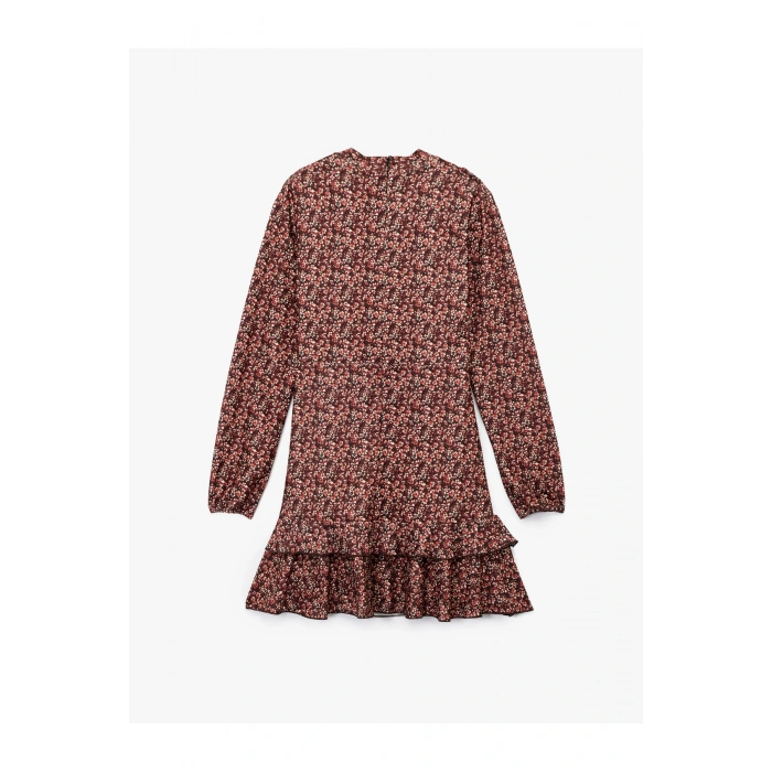 Slim Fit Fırfırlı Uzun Kollu Bisiklet Yaka Çiçekli Mini Elbise