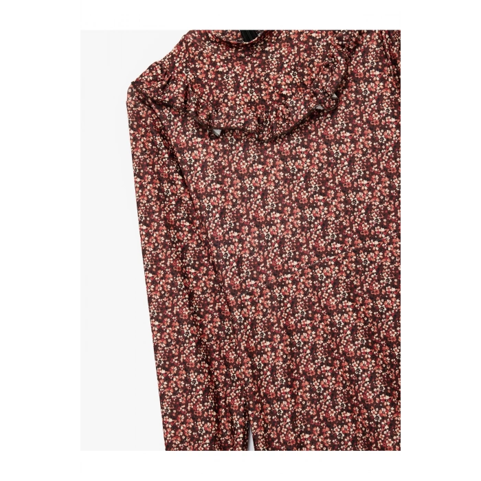 Slim Fit Fırfırlı Uzun Kollu Bisiklet Yaka Çiçekli Mini Elbise