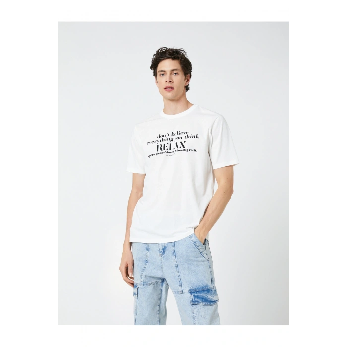 Slogan Baskılı Tişört Bisiklet Yaka Kısa Kollu Pamuklu