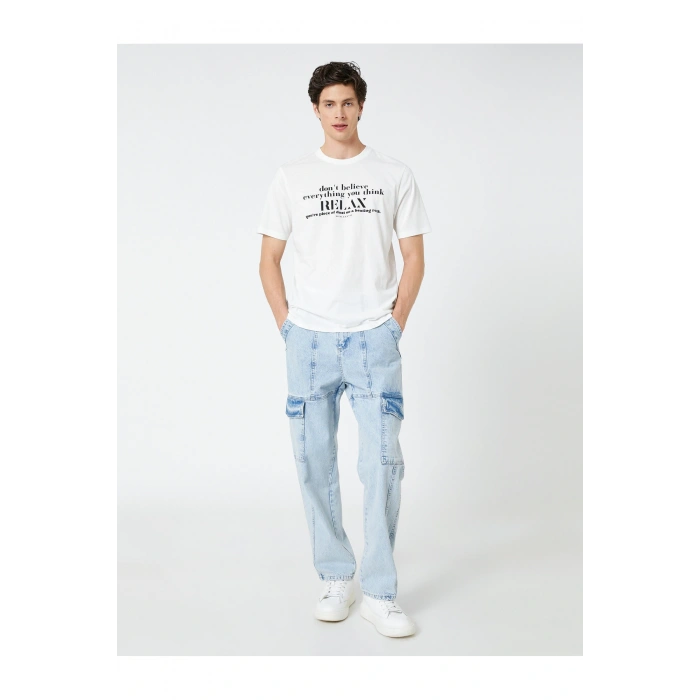 Slogan Baskılı Tişört Bisiklet Yaka Kısa Kollu Pamuklu