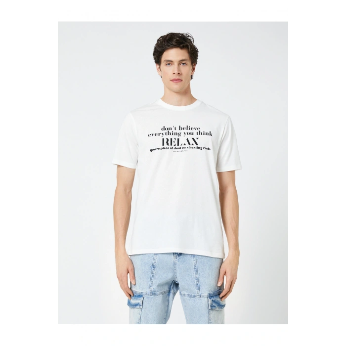 Slogan Baskılı Tişört Bisiklet Yaka Kısa Kollu Pamuklu