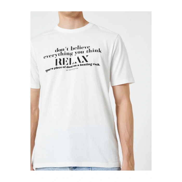 Slogan Baskılı Tişört Bisiklet Yaka Kısa Kollu Pamuklu