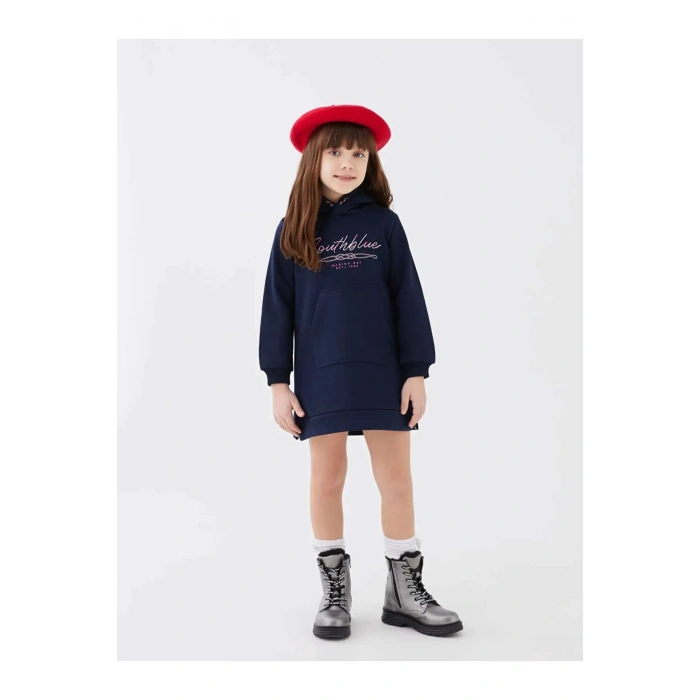 SOUTHBLUE Lacivert Kapüşonlu Nakışlı Uzun Kollu Kız Çocuk Elbise