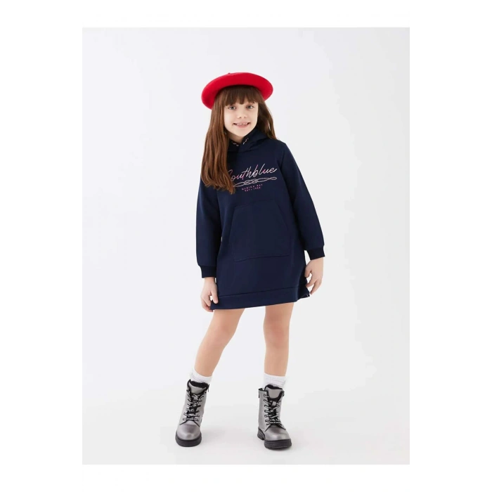 SOUTHBLUE Lacivert Kapüşonlu Nakışlı Uzun Kollu Kız Çocuk Elbise