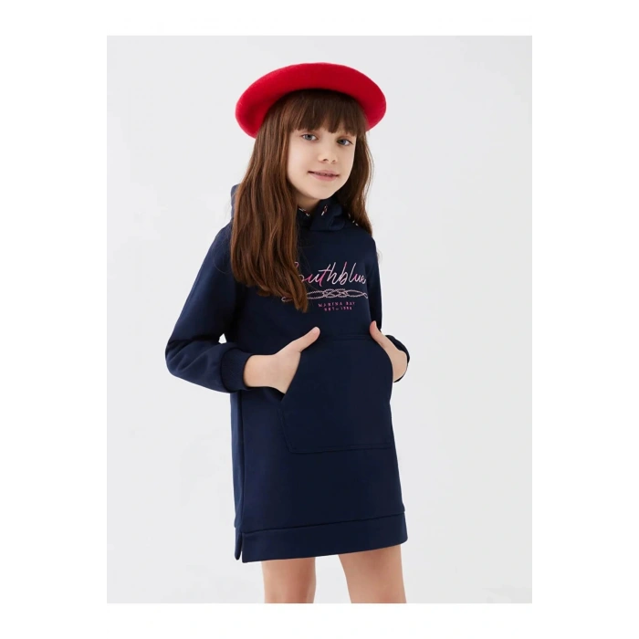 SOUTHBLUE Lacivert Kapüşonlu Nakışlı Uzun Kollu Kız Çocuk Elbise