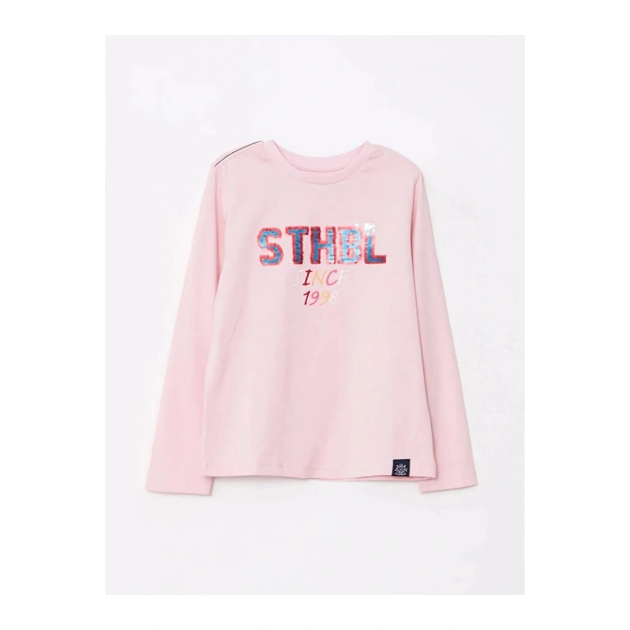 SOUTHBLUE Pembe Bisiklet Yaka Pul İşlemeli Uzun Kollu Pamuklu Kız Çocuk Tişört