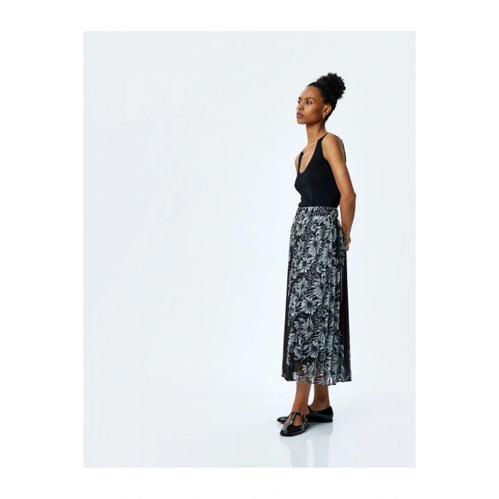 Standart Bel Astarlı Uzun Pileli Çiçekli Etek