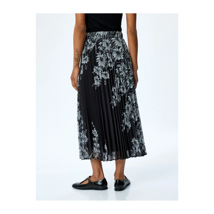 Standart Bel Astarlı Uzun Pileli Çiçekli Etek