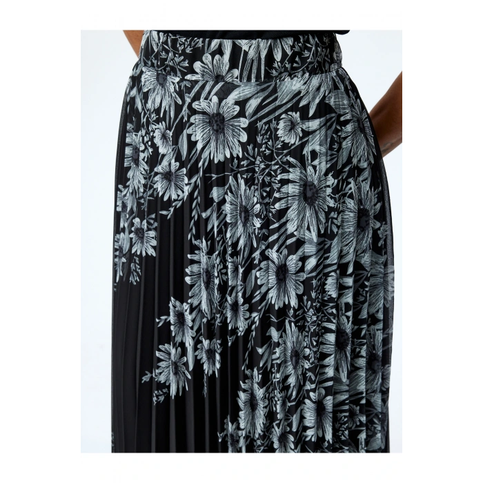 Standart Bel Astarlı Uzun Pileli Çiçekli Etek