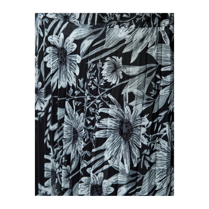 Standart Bel Astarlı Uzun Pileli Çiçekli Etek