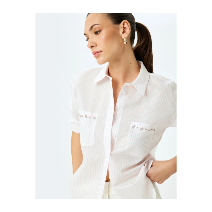 Taş İşlemeli Cepli Kısa Kollu Çizgili Oversize Gömlek