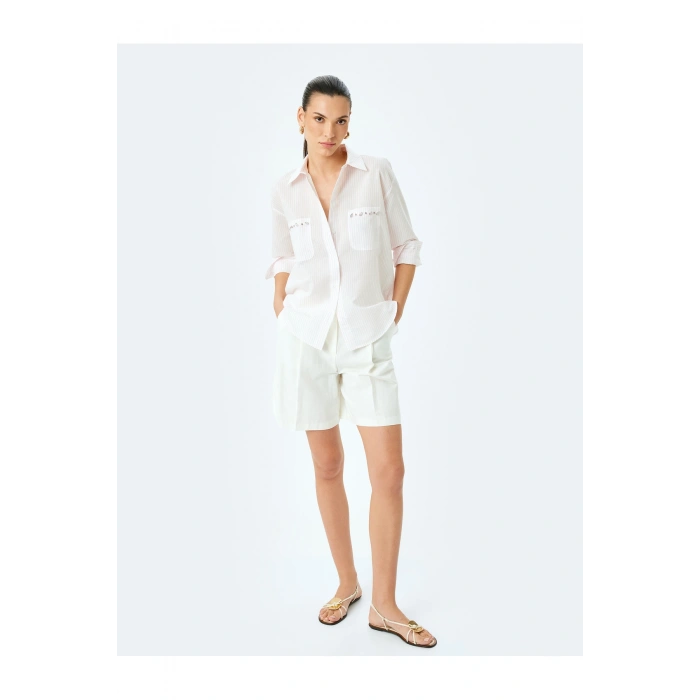 Taş İşlemeli Cepli Kısa Kollu Çizgili Oversize Gömlek