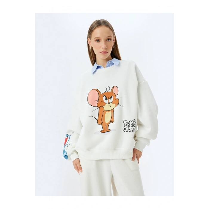 Tom ve Jerry Baskılı Bisiklet Yaka Şardonlu Rahat Kalıp Lisanslı Sweatshirt