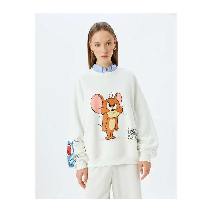 Tom ve Jerry Baskılı Bisiklet Yaka Şardonlu Rahat Kalıp Lisanslı Sweatshirt
