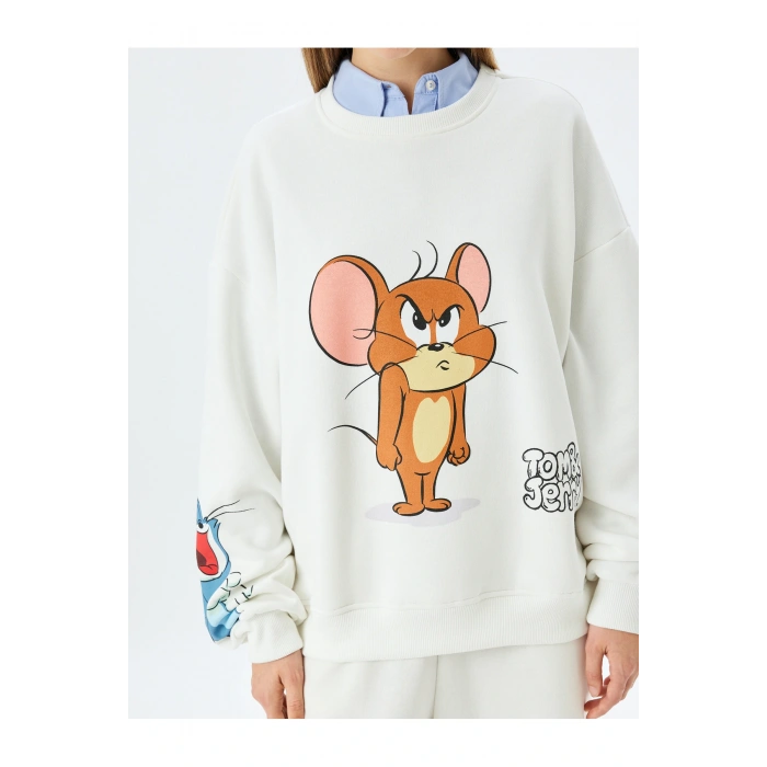Tom ve Jerry Baskılı Bisiklet Yaka Şardonlu Rahat Kalıp Lisanslı Sweatshirt