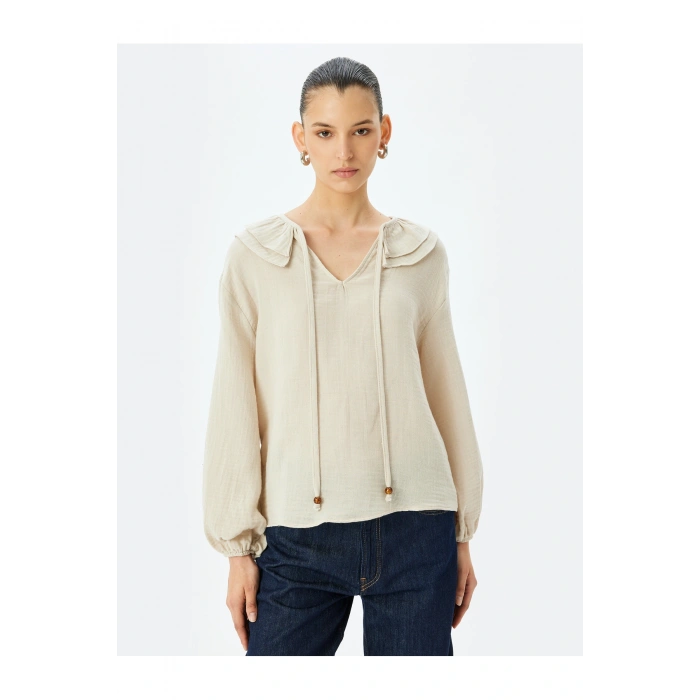 Uzun Kollu Bağlama Detaylı Bebe Yaka Müslin Bluz