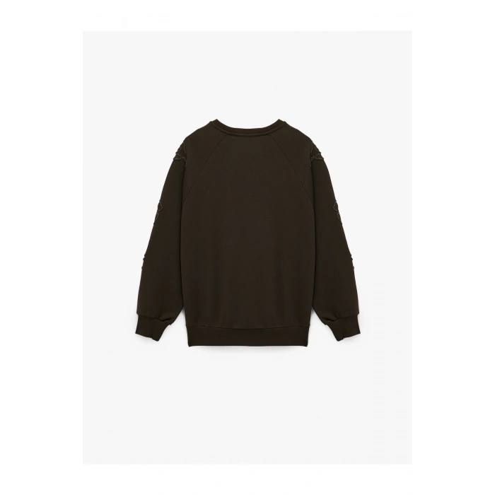 Uzun Kollu Bisiklet Yaka Çiçekli Boncuk Nakış Detaylı Oversize Sweatshirt