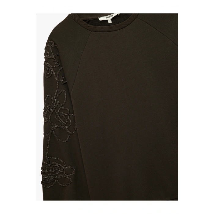 Uzun Kollu Bisiklet Yaka Çiçekli Boncuk Nakış Detaylı Oversize Sweatshirt