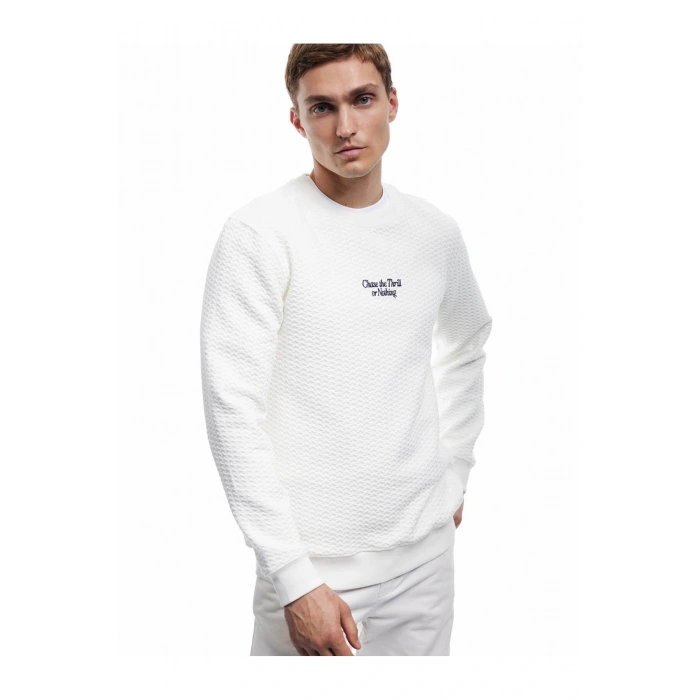 Uzun Kollu Bisiklet Yaka Dokulu Beyaz Erkek Sweatshirt 6Wam70075Mk