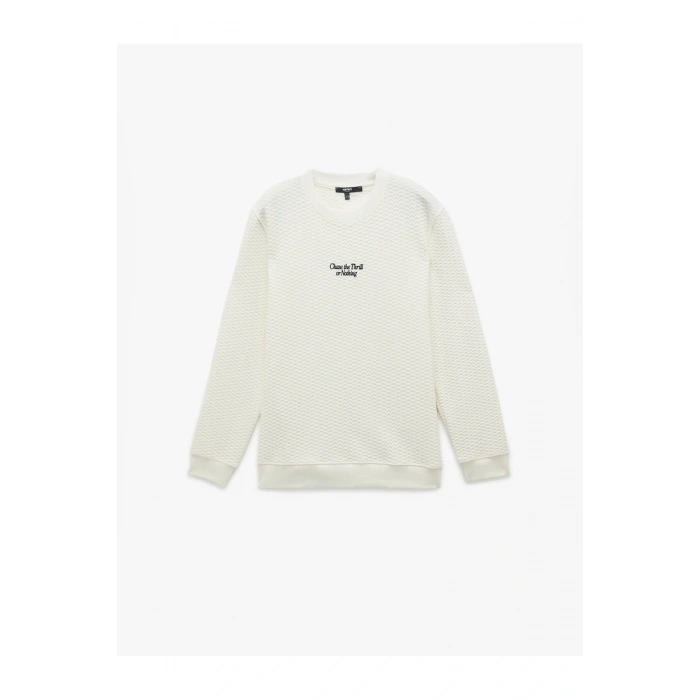 Uzun Kollu Bisiklet Yaka Dokulu Beyaz Erkek Sweatshirt 6Wam70075Mk