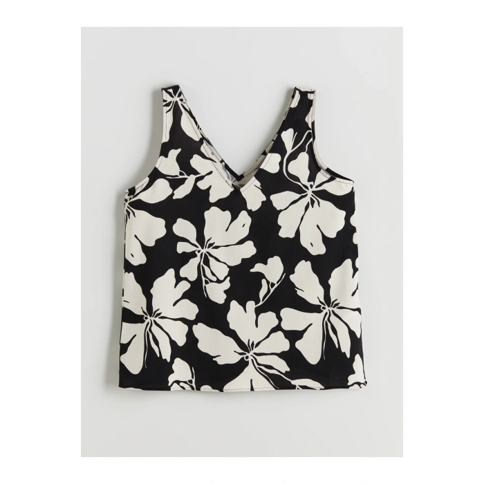 V Yaka Çiçekli Keten Karışımlı Bluz