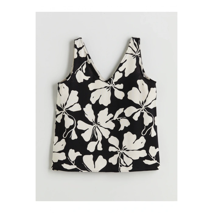 V Yaka Çiçekli Keten Karışımlı Bluz