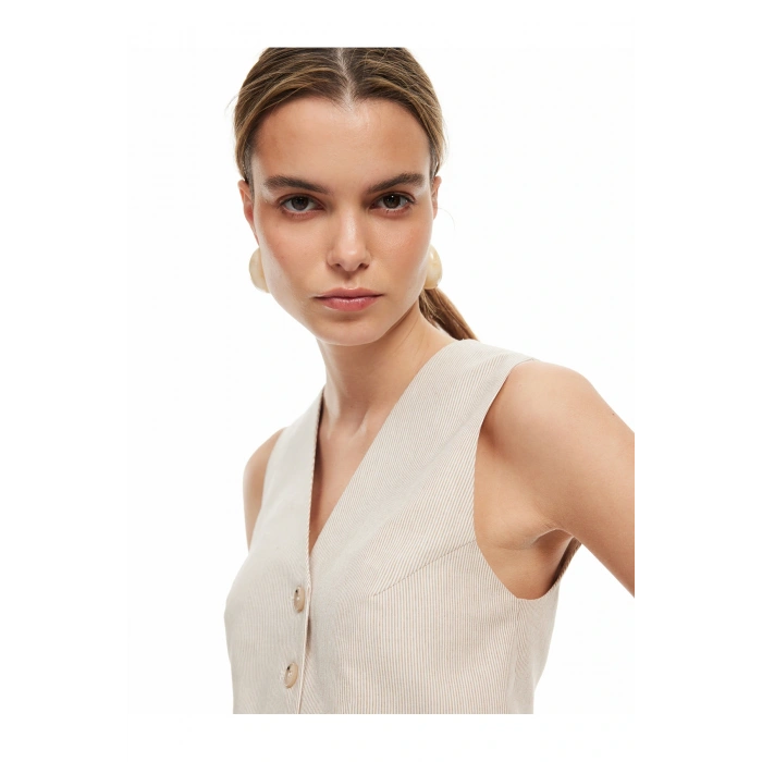 V Yaka Düğmeli Çizgili Blazer Yelek