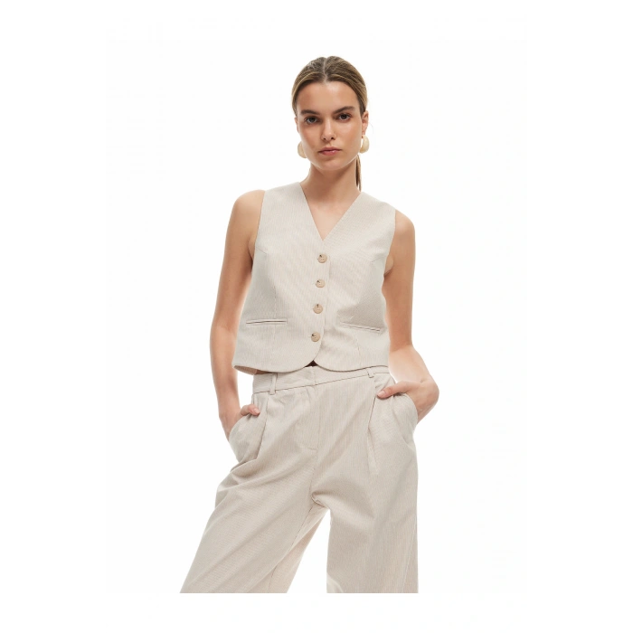 V Yaka Düğmeli Çizgili Blazer Yelek