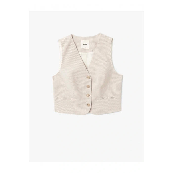 V Yaka Düğmeli Çizgili Blazer Yelek