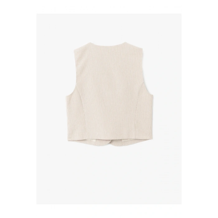 V Yaka Düğmeli Çizgili Blazer Yelek