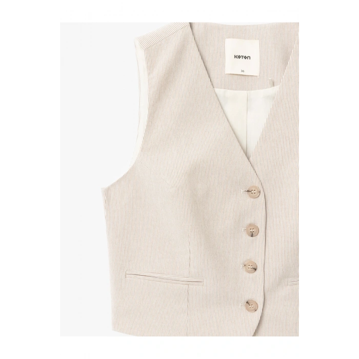 V Yaka Düğmeli Çizgili Blazer Yelek