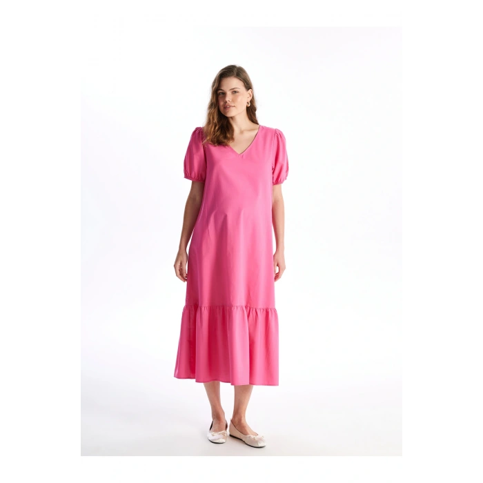 V Yaka Düz Kısa Kollu Hamile Elbise