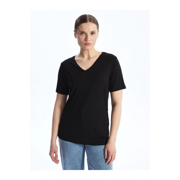V Yaka Düz Kısa Kollu Kadın Tişört