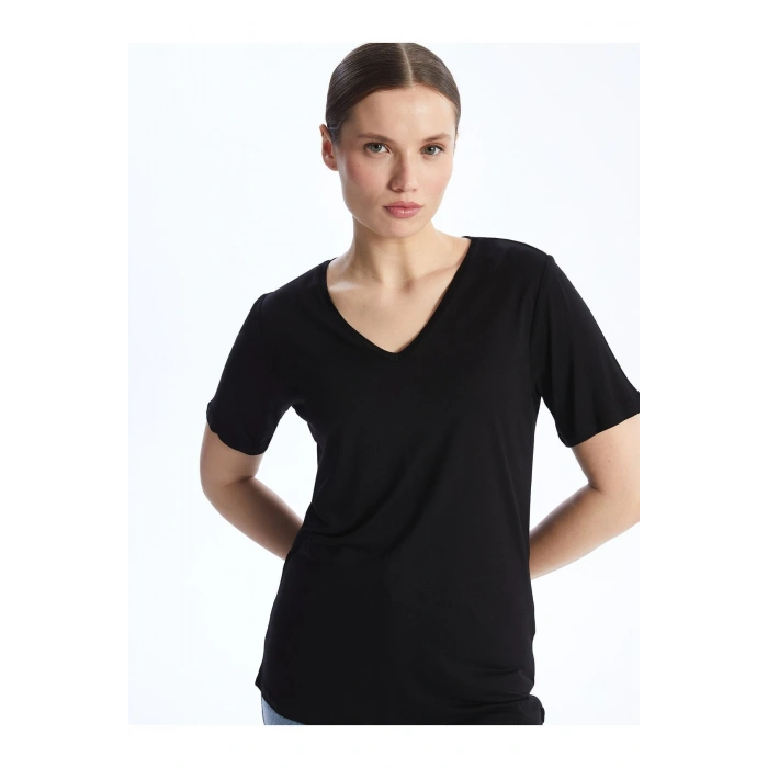 V Yaka Düz Kısa Kollu Kadın Tişört
