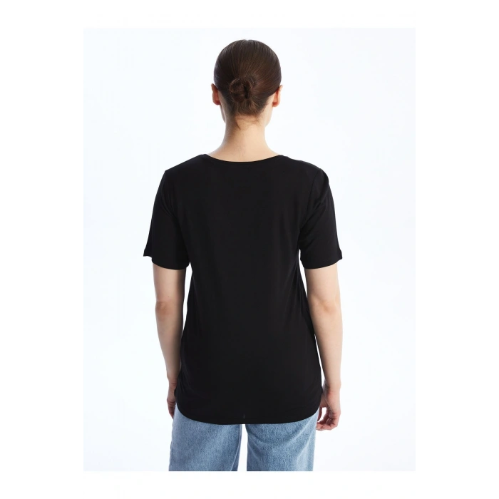 V Yaka Düz Kısa Kollu Kadın Tişört