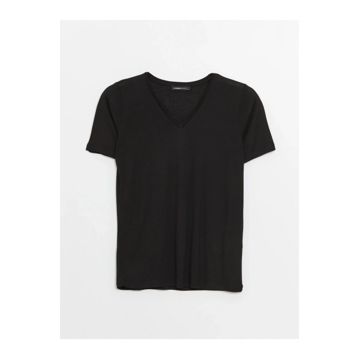 V Yaka Düz Kısa Kollu Kadın Tişört