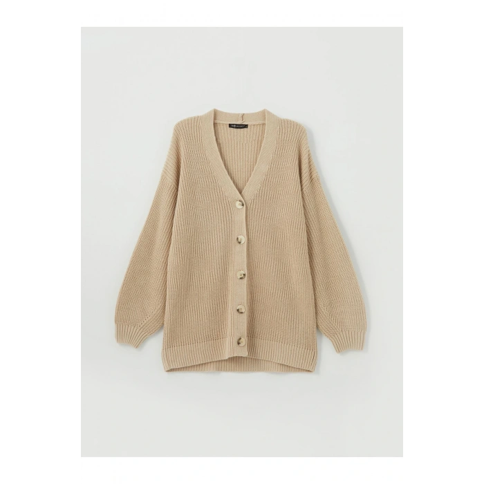 V Yaka Kendinden Desenli Uzun Kollu Kadın Triko Hırka