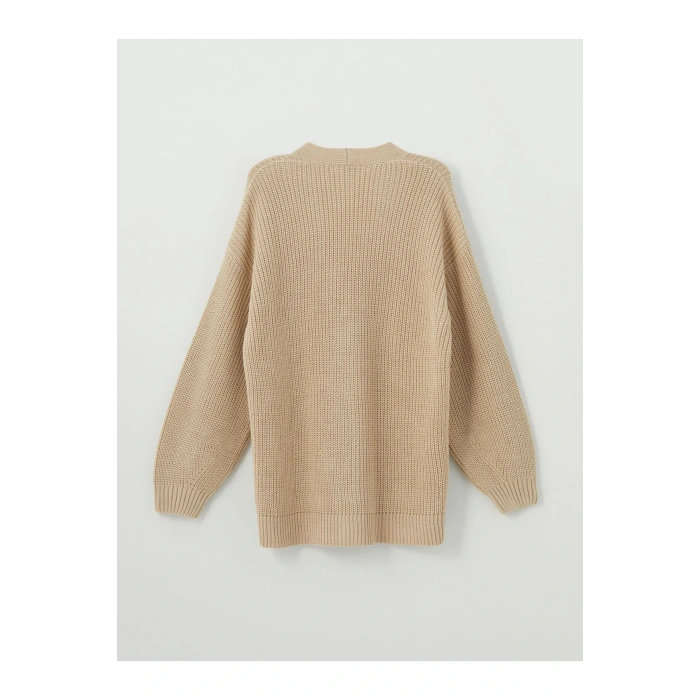 V Yaka Kendinden Desenli Uzun Kollu Kadın Triko Hırka