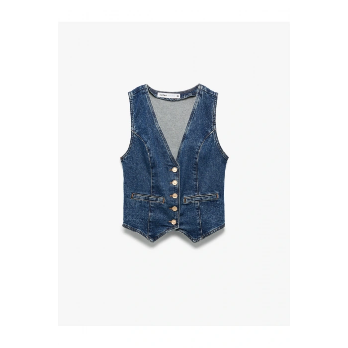 V Yaka Kolsuz Düğmeli Cep Detaylı Denim Yelek