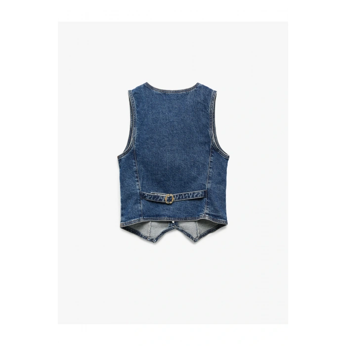 V Yaka Kolsuz Düğmeli Cep Detaylı Denim Yelek