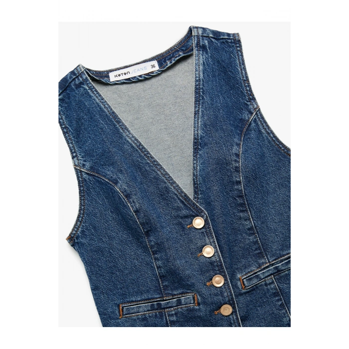 V Yaka Kolsuz Düğmeli Cep Detaylı Denim Yelek