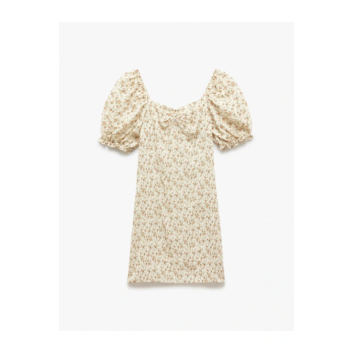 Viskon Kalp Yaka Balon Kollu Büzgülü Çiçekli Mini Elbise