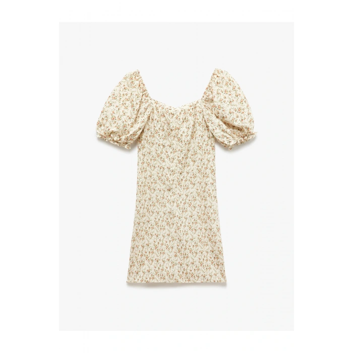 Viskon Kalp Yaka Balon Kollu Büzgülü Çiçekli Mini Elbise